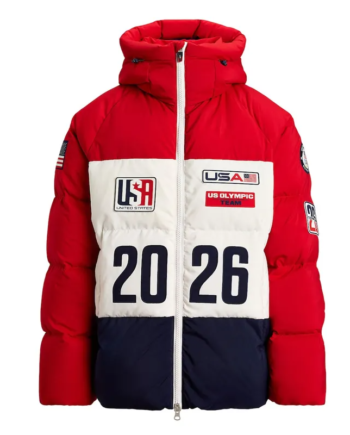 White and Red Polyester Full-Zip Puffer Jacket