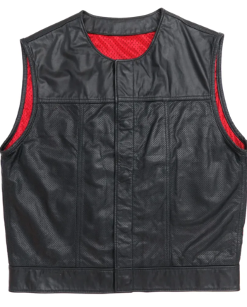 Black Genuine Leather Sleeveless Vest with Snap Closure