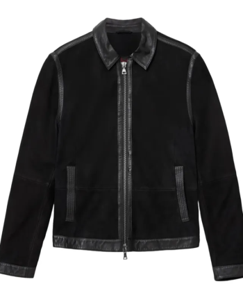 Black Suede Leather Shirt Collar Zip Jacket with Leather Trim