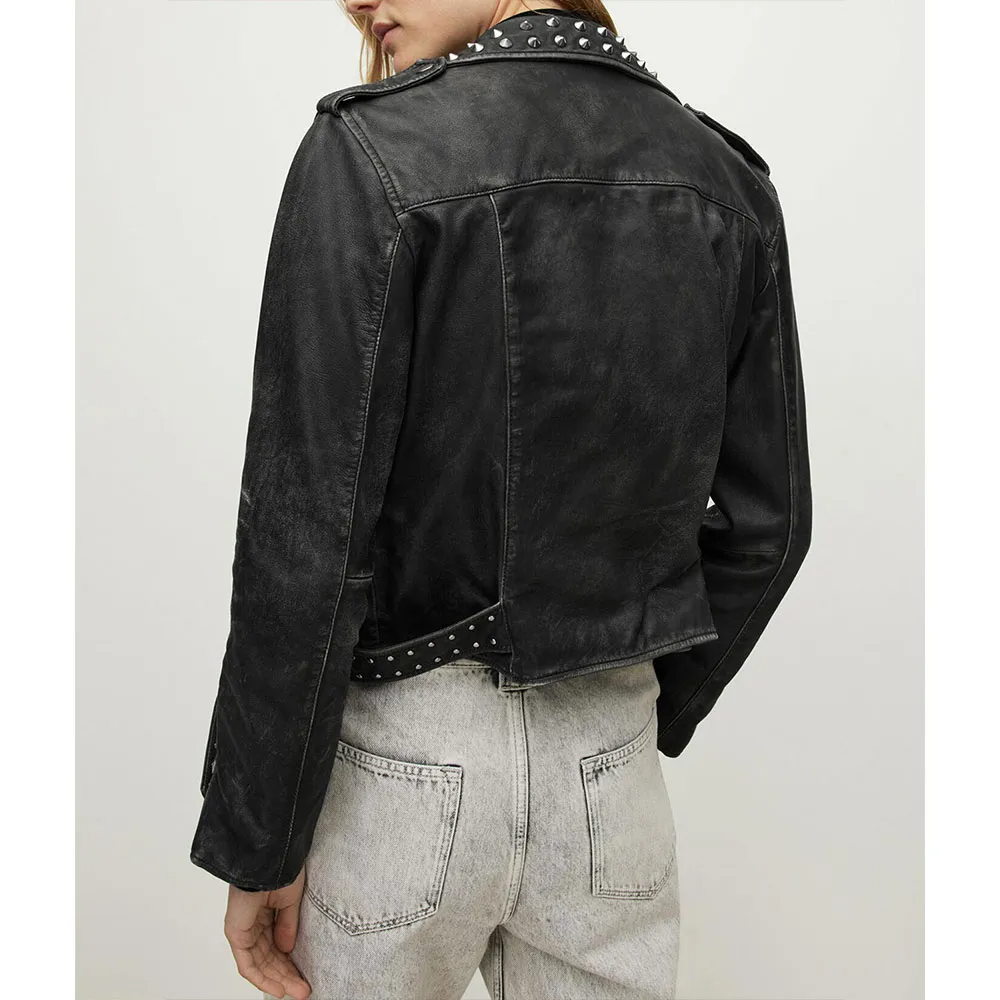 Black Genuine Leather Shirt Collar Button Jacket
