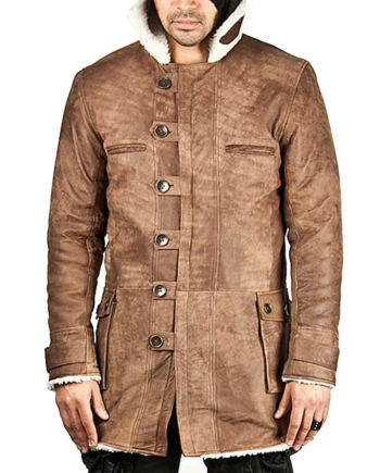 Brown Distressed Shearling Leather Coat with Lapel Collar