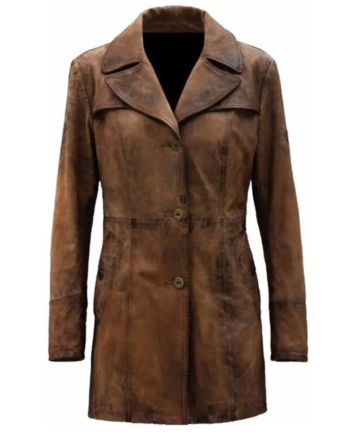Distressed Brown Genuine Leather Lapel Collar Coat