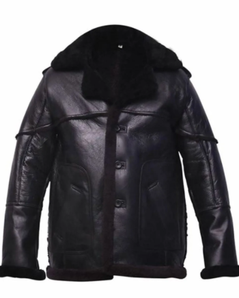 Black Cowhide Leather Lapel Shearling Jacket with Button Closure