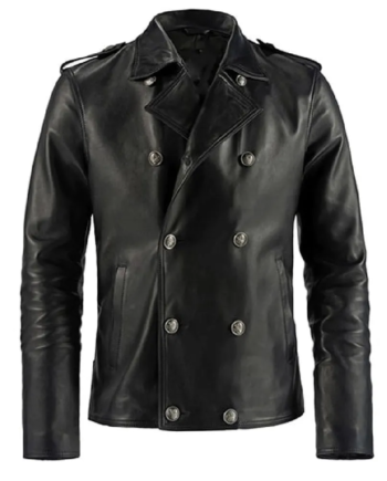 Men's Black Double-Breasted Genuine Leather Blazer