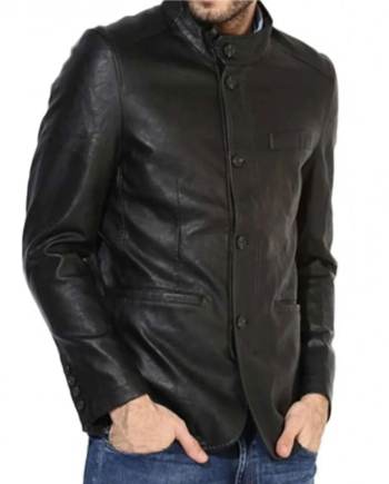 Men's Black Genuine Leather Stand-Up Collar Blazer