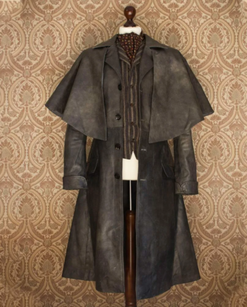 Black Genuine Leather Half Cape Lapel Collar Coat