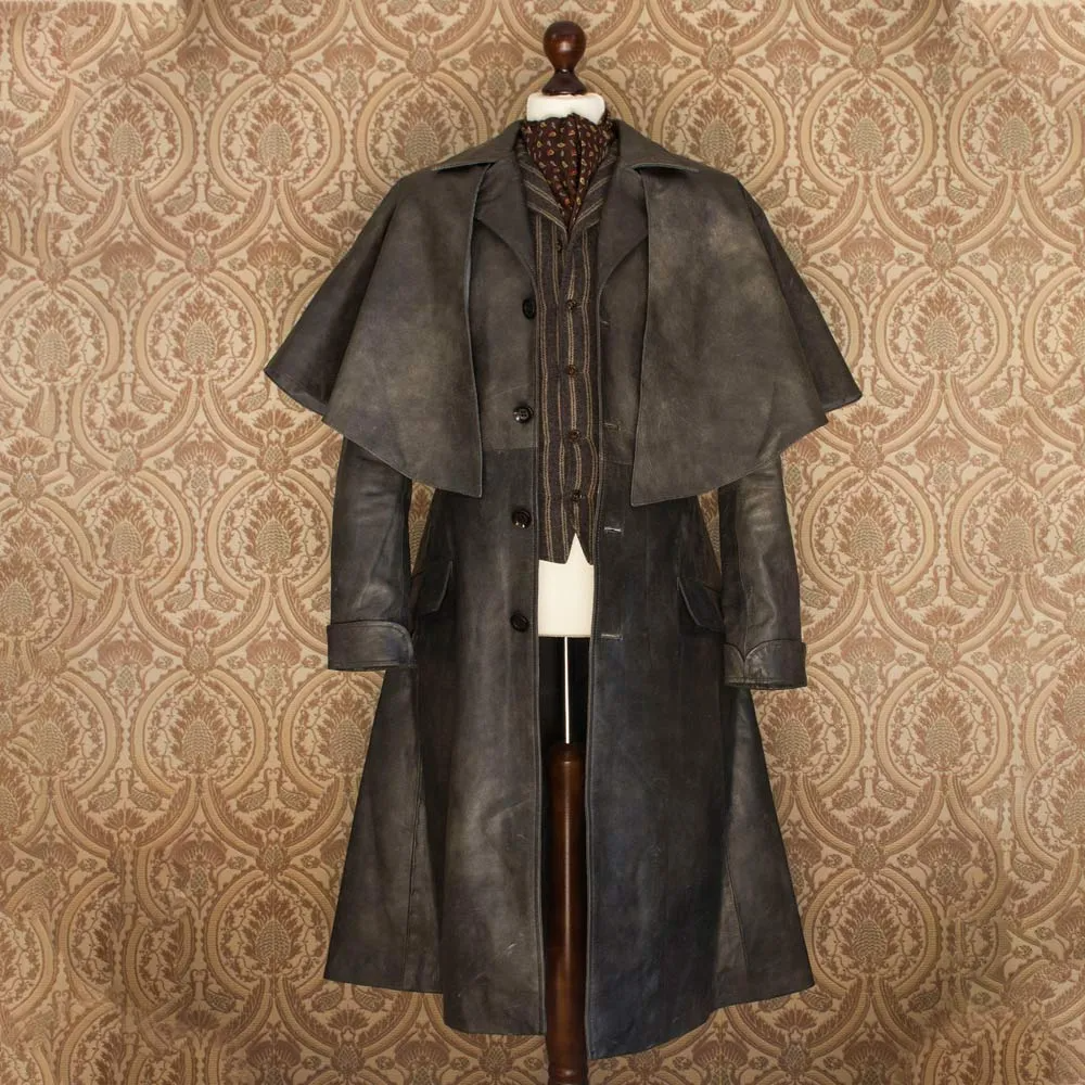 Black Genuine Leather Half Cape Lapel Collar Coat