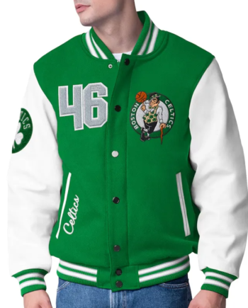 Green and White Wool Varsity Jacket with Leather Sleeves