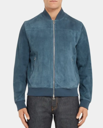 Blue Suede Leather Ribbed Bomber Zip Jacket
