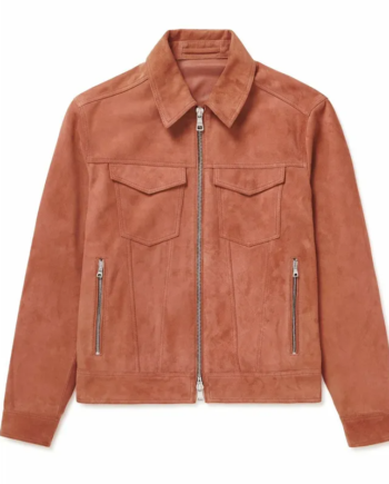 Brown Suede Leather Shirt Collar Zip Jacket with Pockets