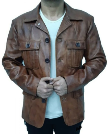 Brown Genuine Leather Button-Front Lapel Blazer