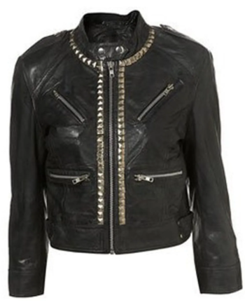 Black Genuine Leather Snap Tab Zipper Studded Jacket