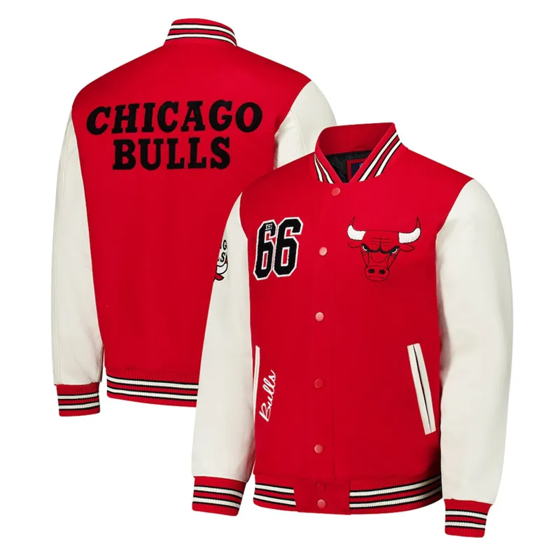 Red and White Wool Varsity Jacket with Leather Sleeves