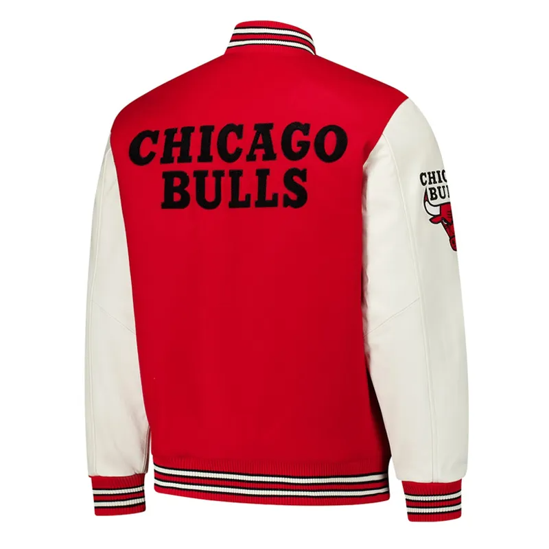 Red and White Wool Varsity Jacket with Leather Sleeves