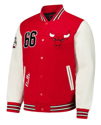 Red and White Wool Varsity Jacket with Leather Sleeves