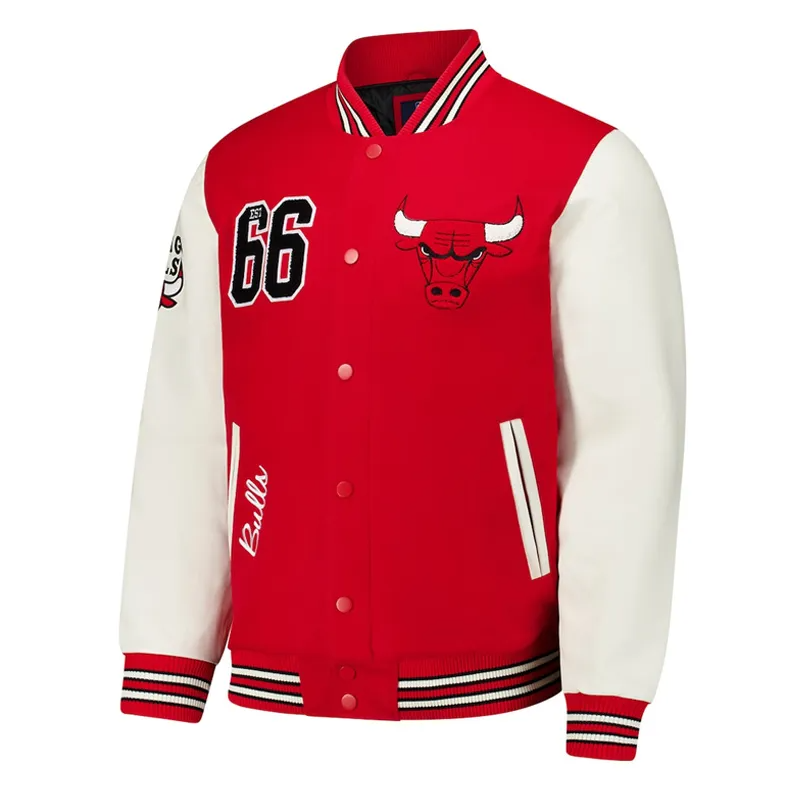 Red and White Wool Varsity Jacket with Leather Sleeves