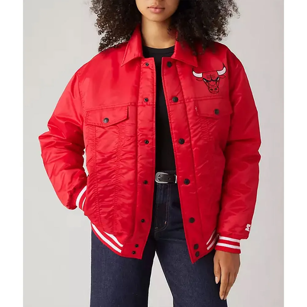 Red Satin Snap-Tab Trucker Jacket