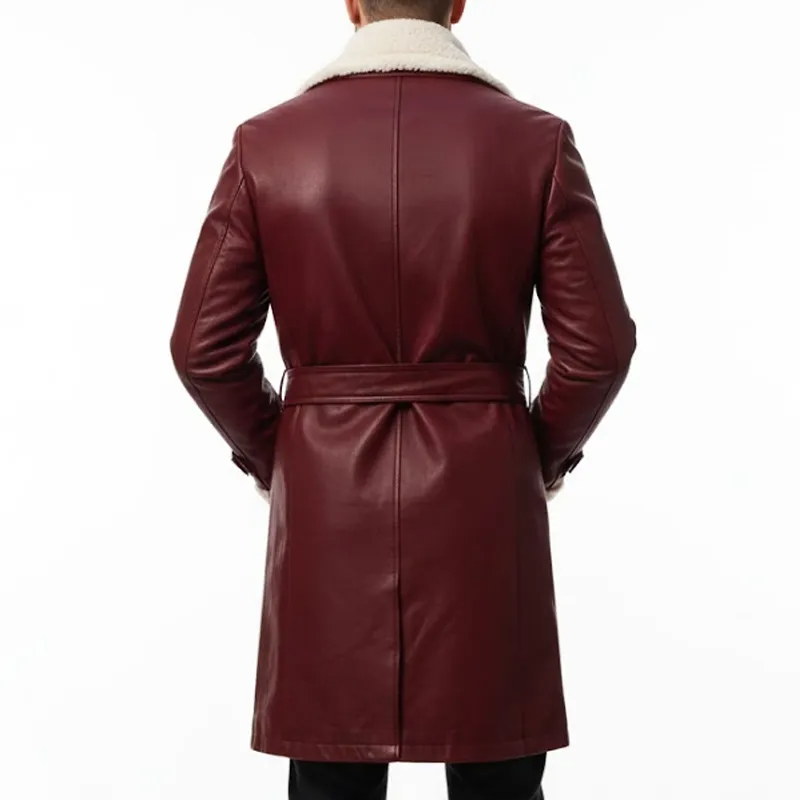 Burgundy Genuine Leather Shearling Trench Coat