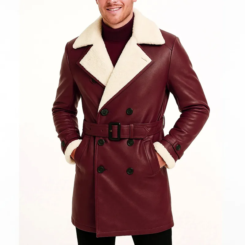 Burgundy Genuine Leather Shearling Trench Coat