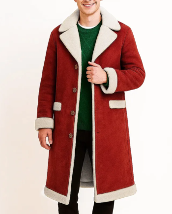 Red Suede Leather Fur Trim Lapel Collar Coat