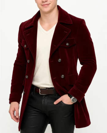 Maroon Velvet Double-Breasted Belted Trench Coat