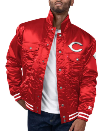 Red Satin Snap-Tab Trucker Jacket with Ribbed Details