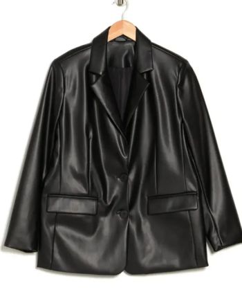 Black Genuine Leather Lapel Blazer with Button Closure