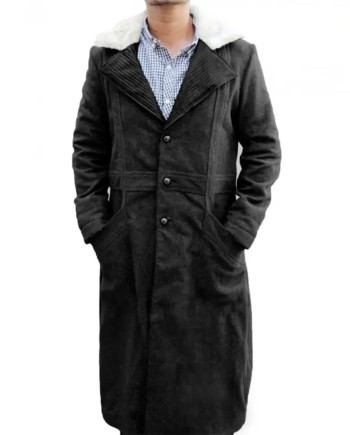 Black Wool Shearling Collar Long Button Coat