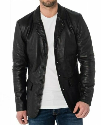 Black Genuine Leather Stand-Up Collar Blazer