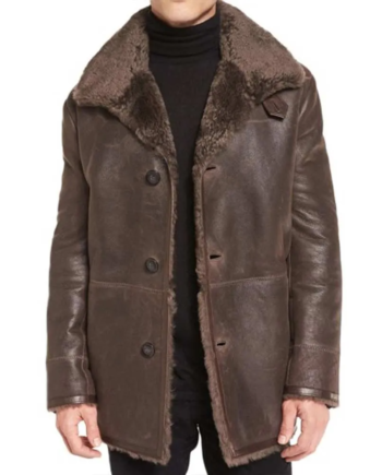 Brown Genuine Leather Wide Collar Shearling Coat