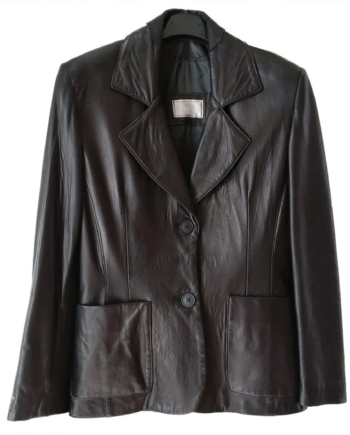 Brown Genuine Leather Lapel Blazer with Button Closure