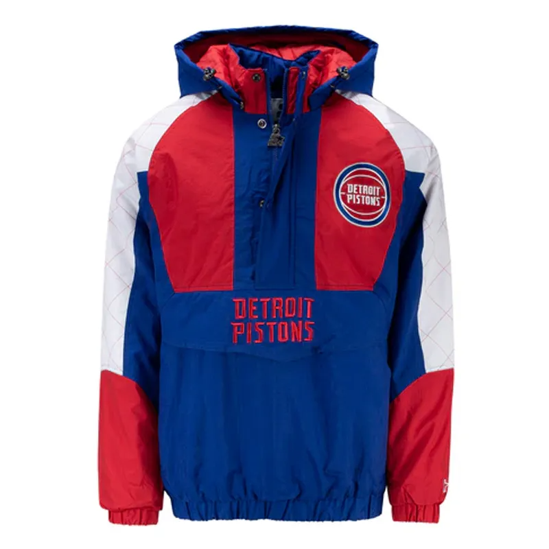 Royal Blue Nylon Half-Zip Hooded Jacket with Checkered Sleeves