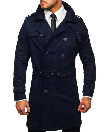Navy Blue Cotton Double-Breasted Belted Trench Coat