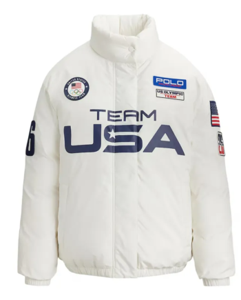 White Polyester Full-Zip Puffer Jacket with Stand-Up Collar