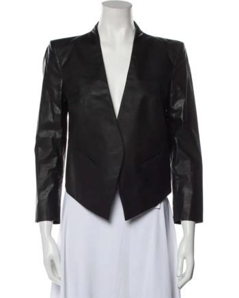 Black Genuine Leather Lapel Blazer with Hook Closure