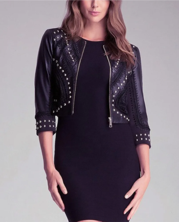 Black Genuine Leather Round Neck Zipper Studded Jacket