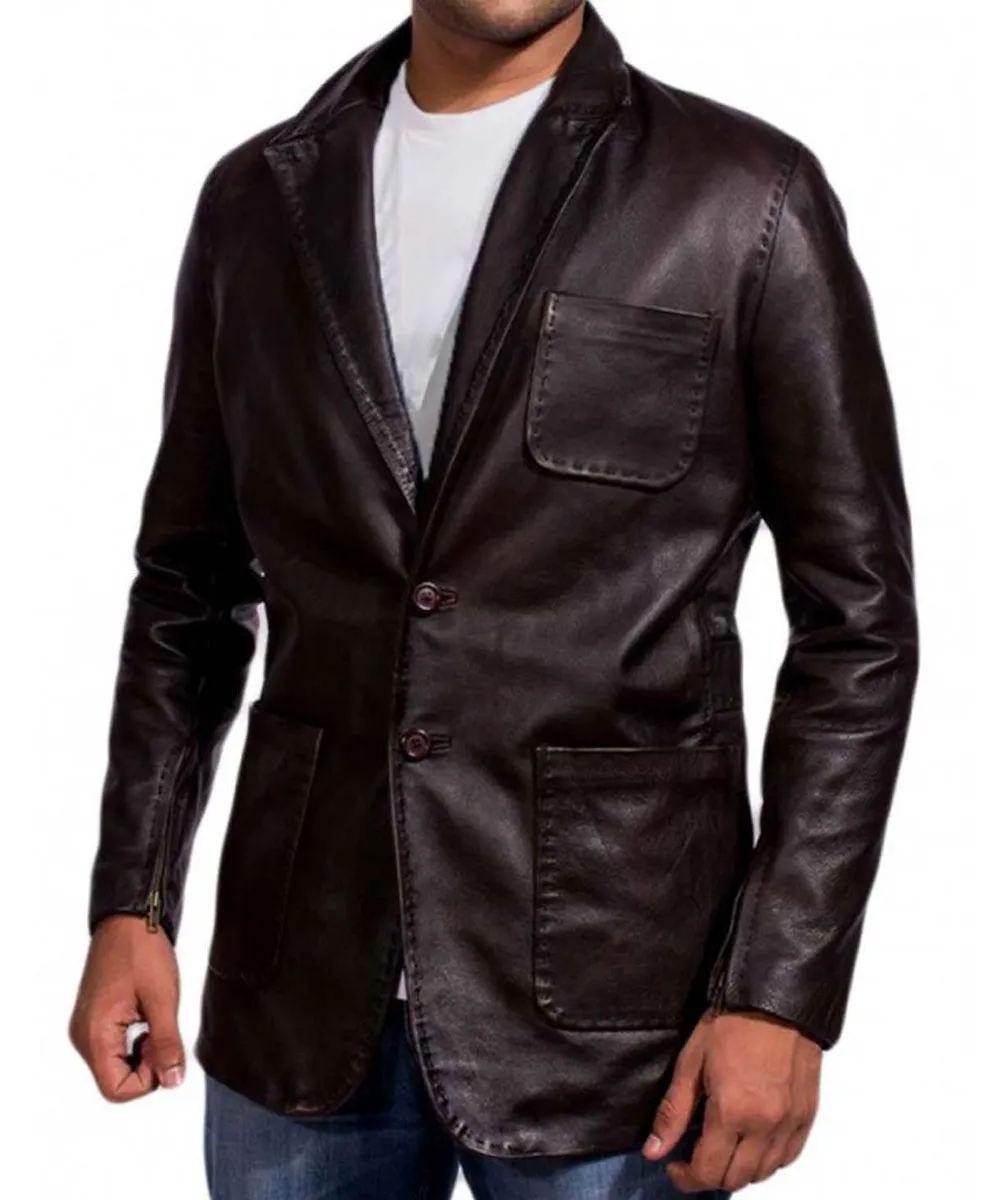 Dark Brown Genuine Leather Lapel Blazer with Zipper Cuffs
