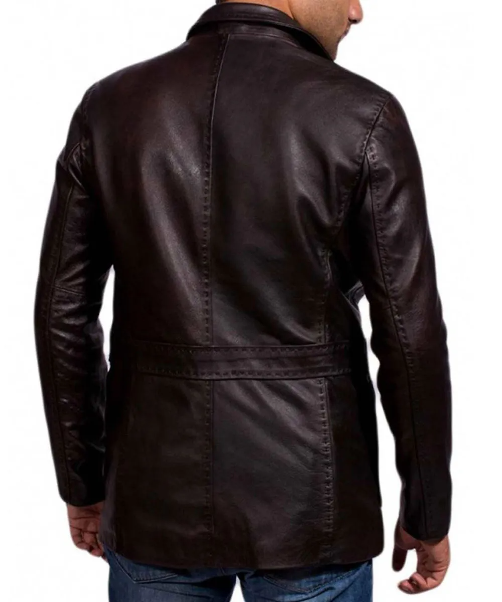 Dark Brown Genuine Leather Lapel Blazer with Zipper Cuffs