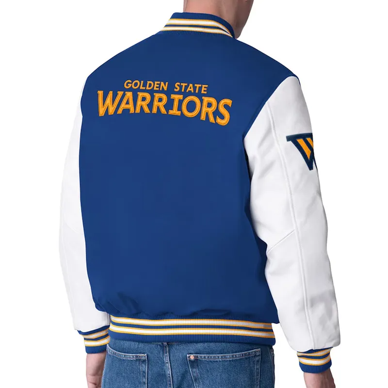 Royal and White Wool Varsity Jacket with Leather Sleeves