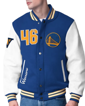Royal and White Wool Varsity Jacket with Leather Sleeves