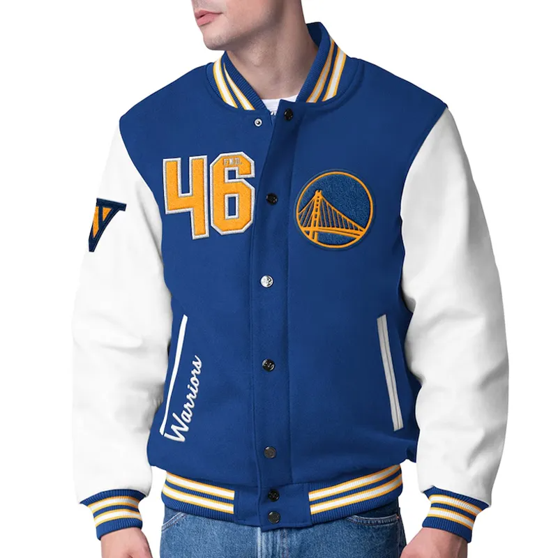 Royal and White Wool Varsity Jacket with Leather Sleeves