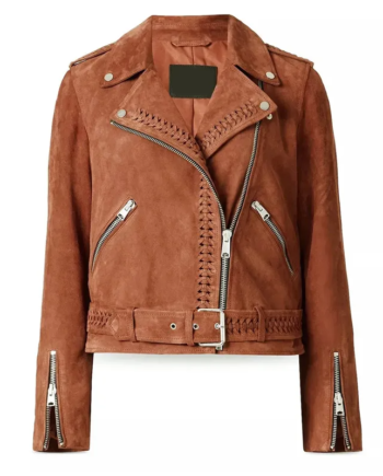 Brown Suede Leather Asymmetrical Zip Jacket with Belt