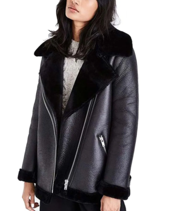 Black Genuine Leather Fur Collar Shearling Jacket