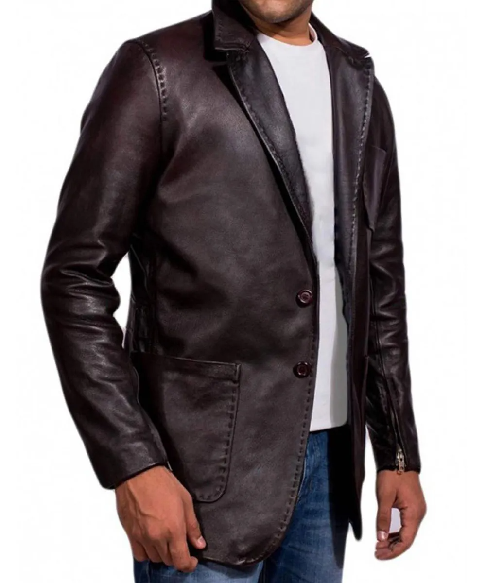 Dark Brown Genuine Leather Lapel Blazer with Zipper Cuffs
