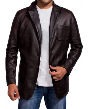 Dark Brown Genuine Leather Lapel Blazer with Zipper Cuffs