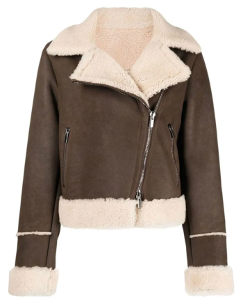 Brown Suede Leather Shearling Collar Zipper Jacket