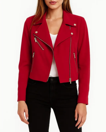 Red Suede Leather Lapel Collar Cropped Zip Jacket