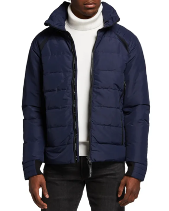 Navy Polyester Full-Zip Puffer Jacket with High Neck Collar