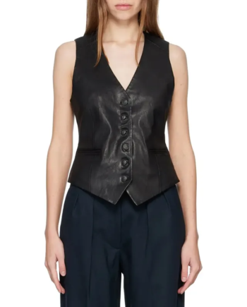 Black Genuine Leather V-Neck Sleeveless Button Vest