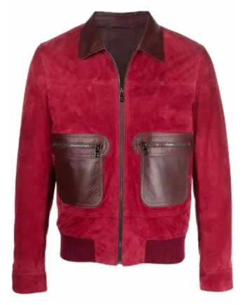 Red Suede Leather Shirt Collar Zip Jacket